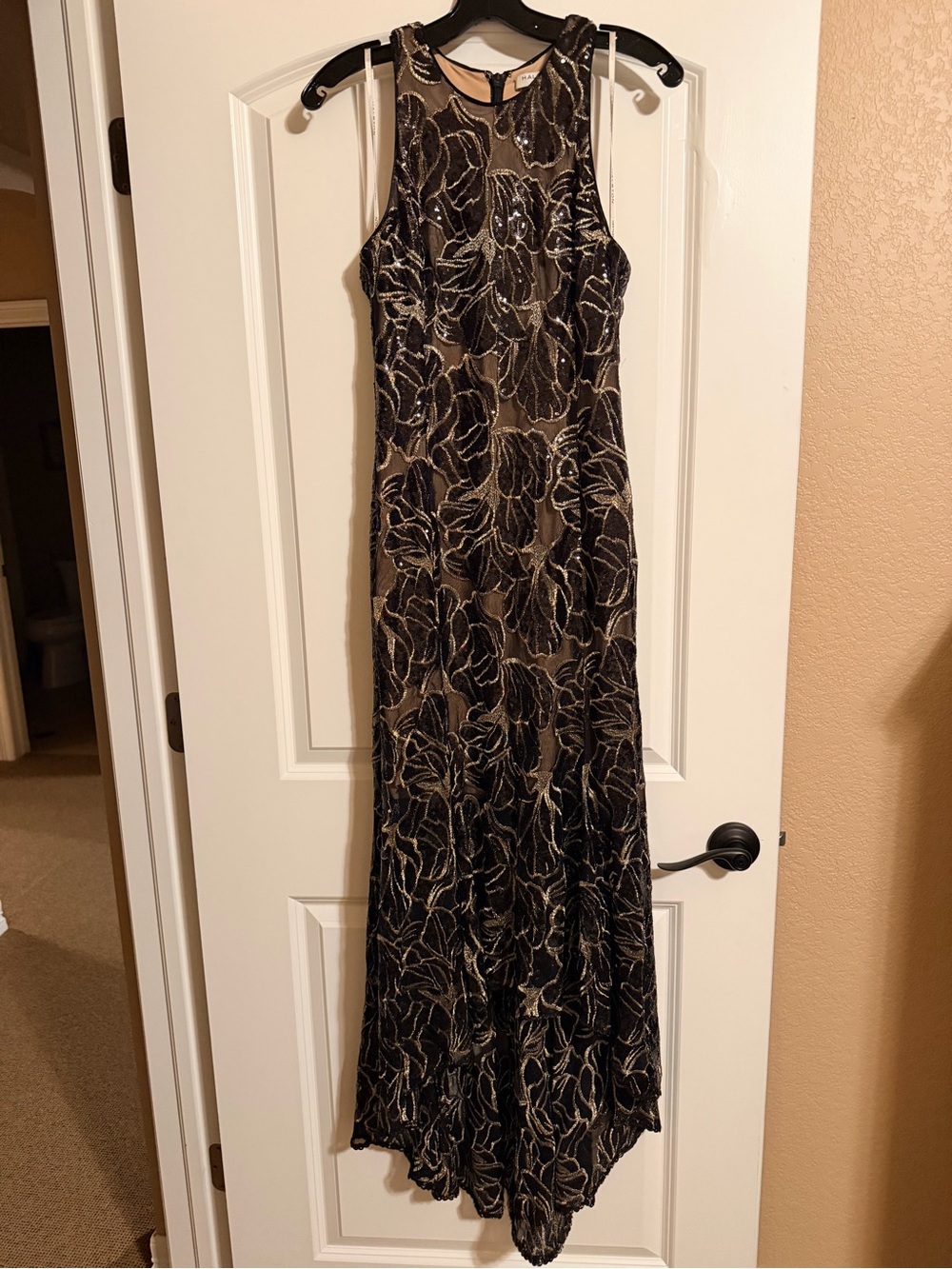 Halston Heritage Black and Nude Sequin Floral Maxi Dress